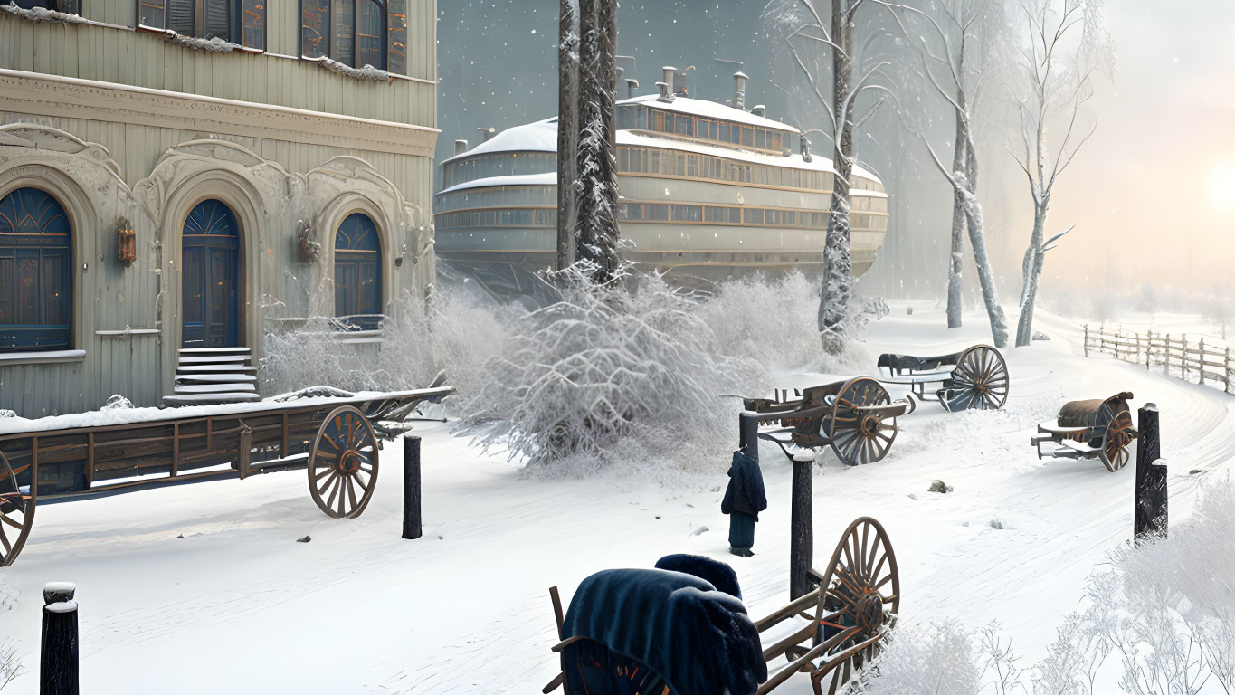 Vintage train and elegant building in snowy landscape with wooden carts and bare trees