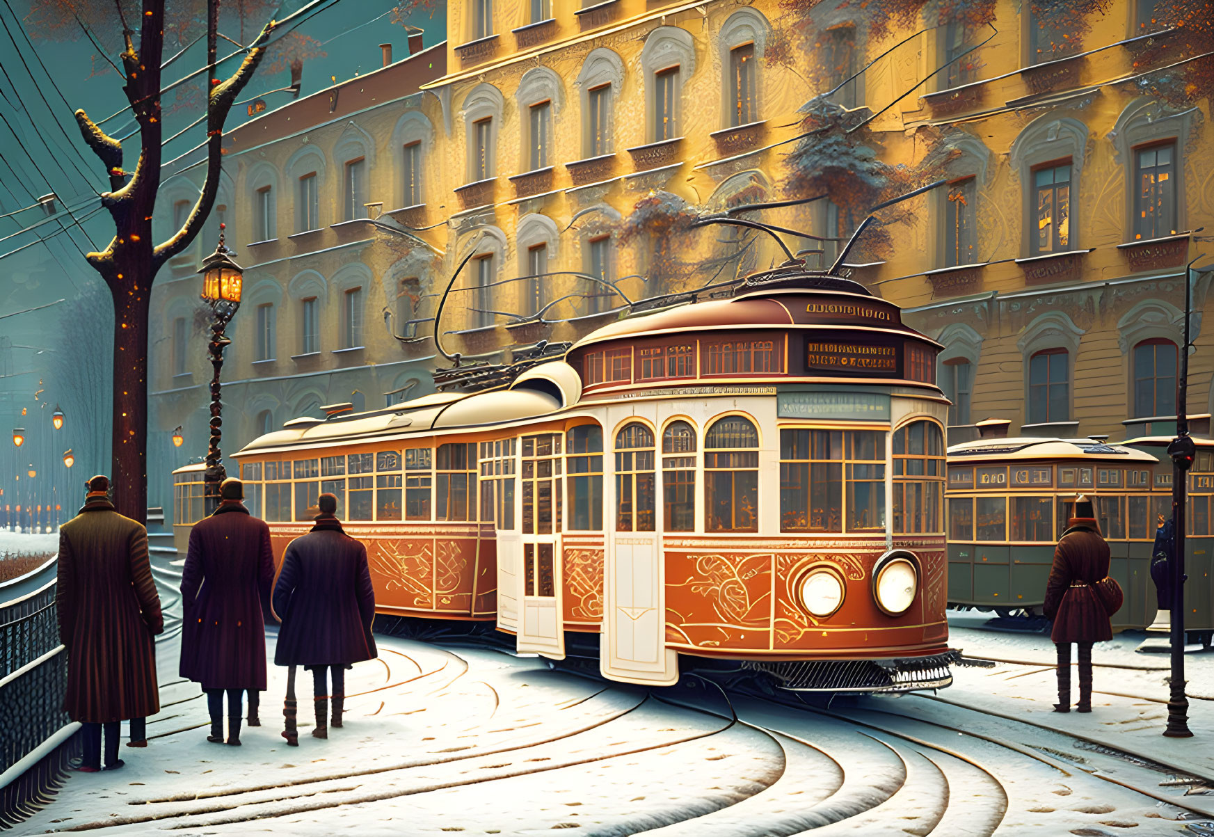 Snowy vintage tram scene with passengers and historic buildings