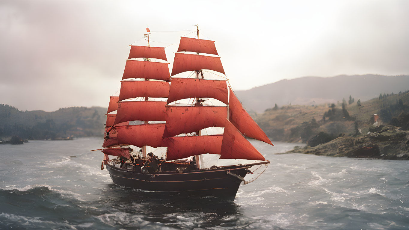 Red-sailed ship navigating choppy waters near shoreline under cloudy sky