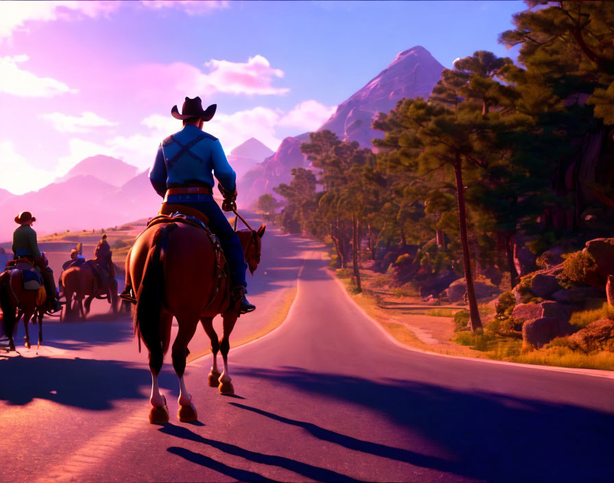 Cowboys riding horses on road with mountains at sunset