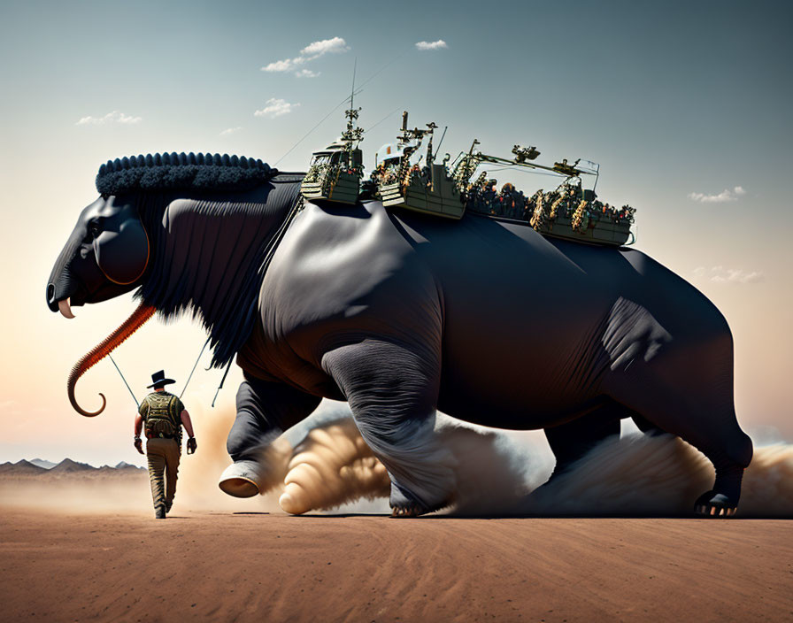 Enormous armored antelope creature with military structures in desert