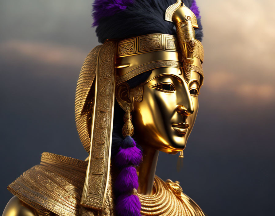 Golden Egyptian Pharaoh Statue with Detailed Headdress and Purple Accents