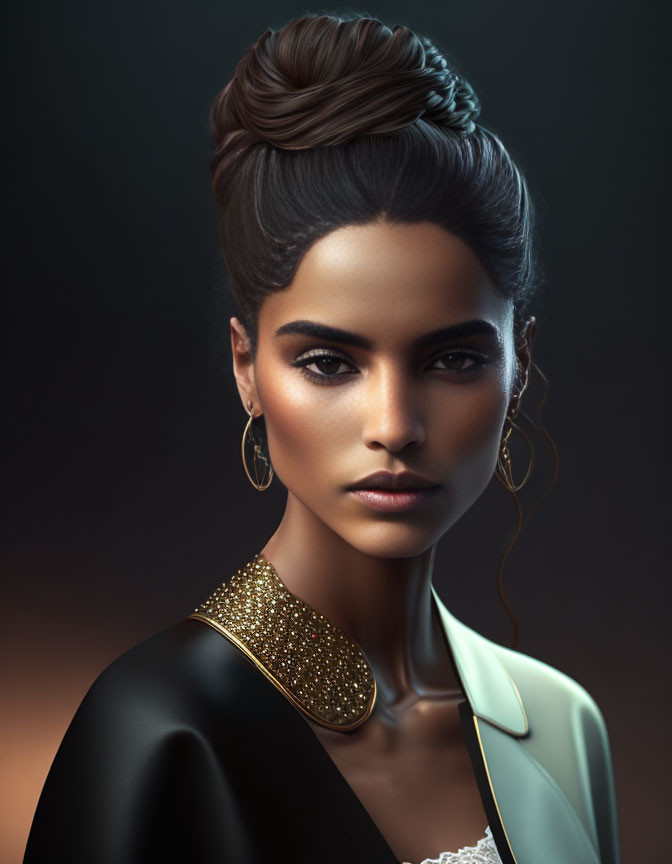 Woman with sleek bun hairstyle and hoop earrings in black and pale yellow blazer with gold details