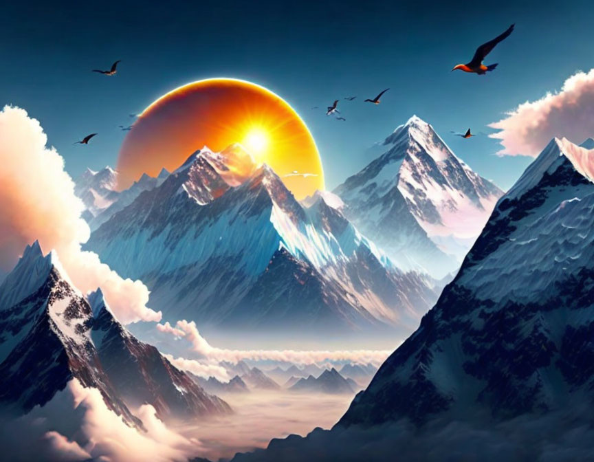 Snowy Mountain Peaks Sunrise with Large Sun and Flying Birds