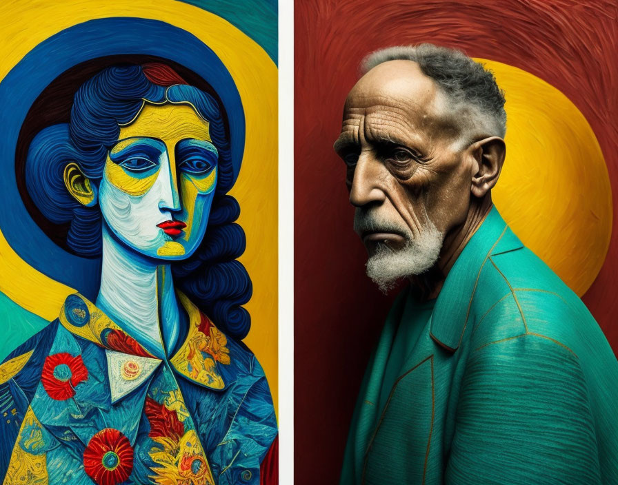 Colorful diptych featuring stylized man and woman with exaggerated features