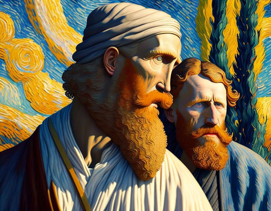 Sculptural figures in classical attire on Van Gogh-inspired background