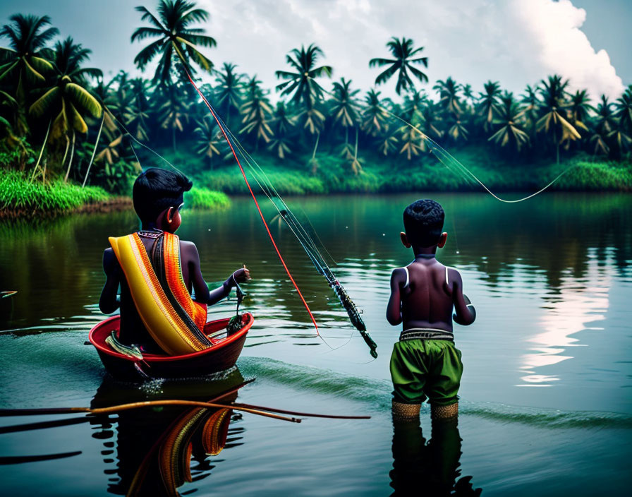 Children fishing in tropical setting with palm trees