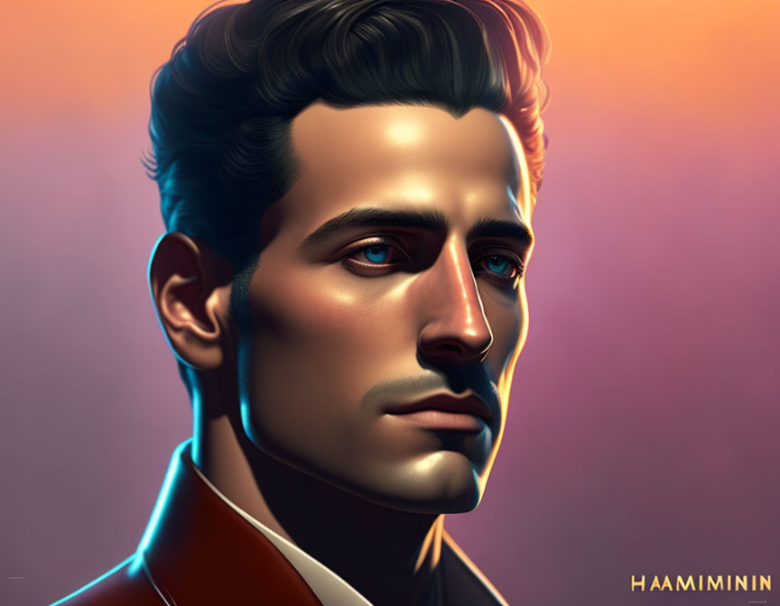 Stylized man with dark hair and prominent cheekbones on gradient background