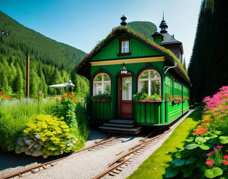 Charming green house with wooden porch and colorful flowers in forest setting