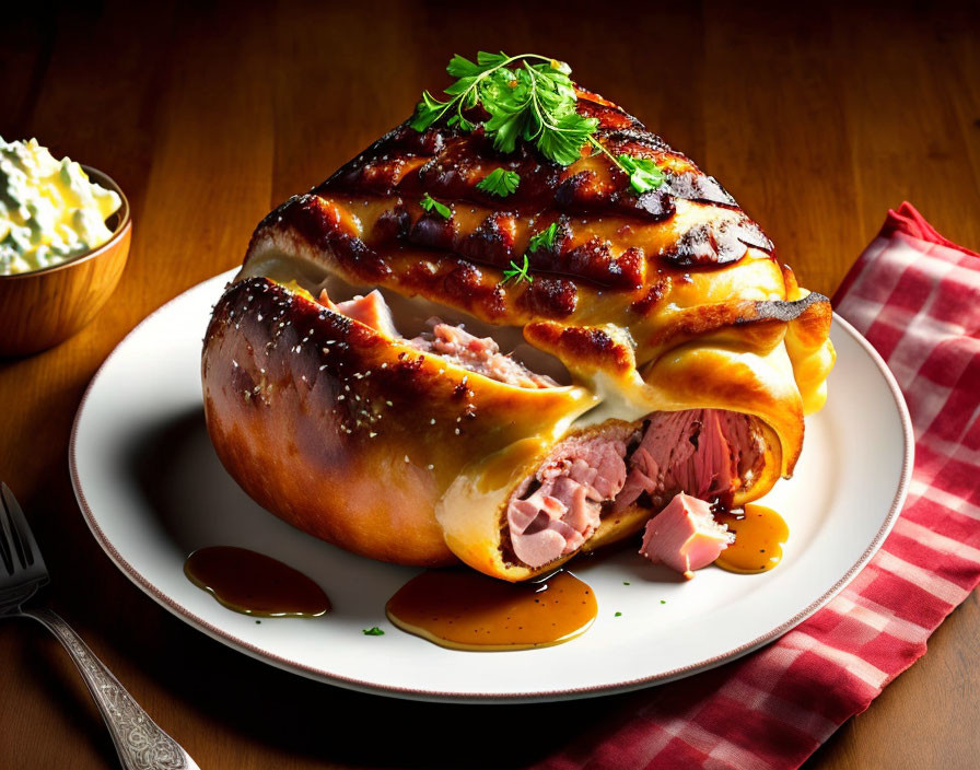 Savory ham-filled glazed pastry with creamy sauce on white plate