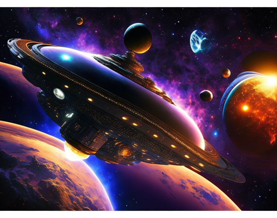 Colorful digital artwork of futuristic spaceship in space