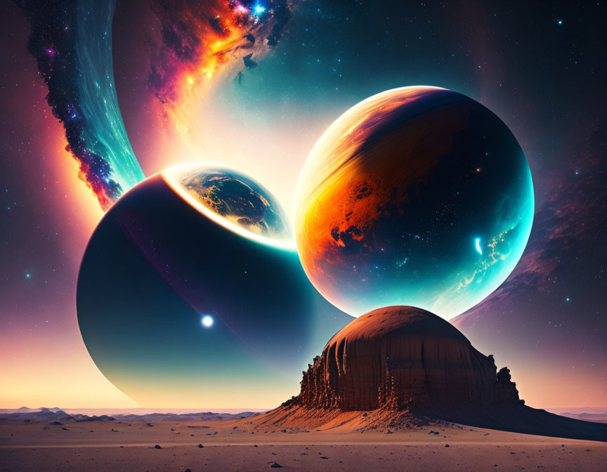 Desert landscape with rock formation, planets, and swirling galaxy