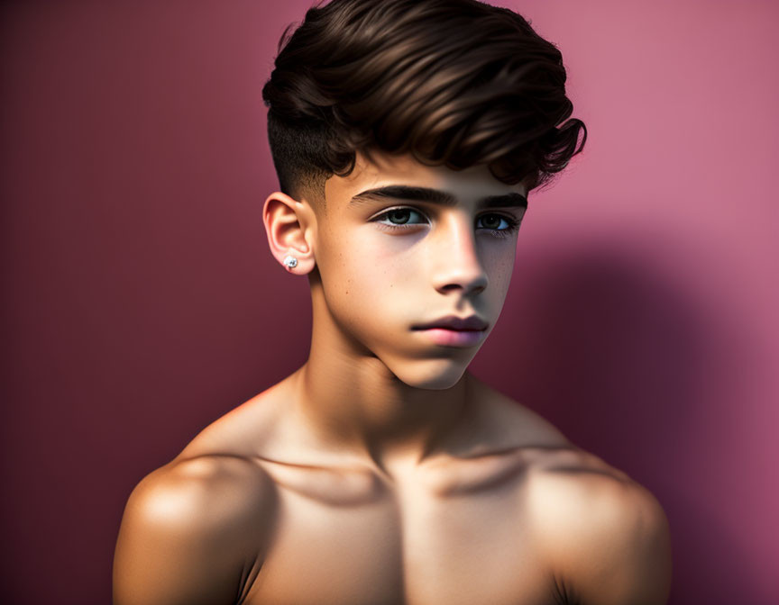 Modern 3D rendering of young male with earring and collarbones on red backdrop