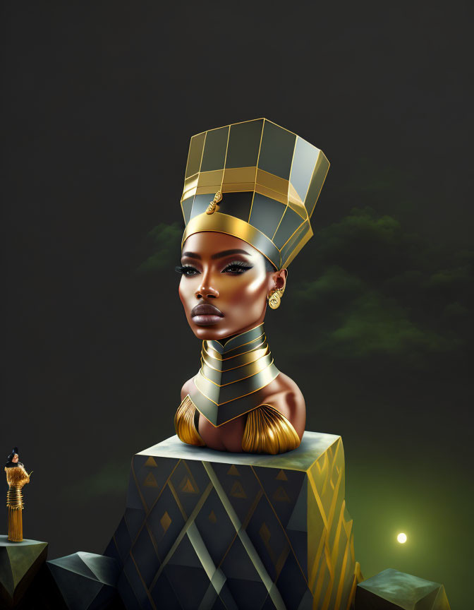 Egyptian-style headdress and gold jewelry on woman in dark setting