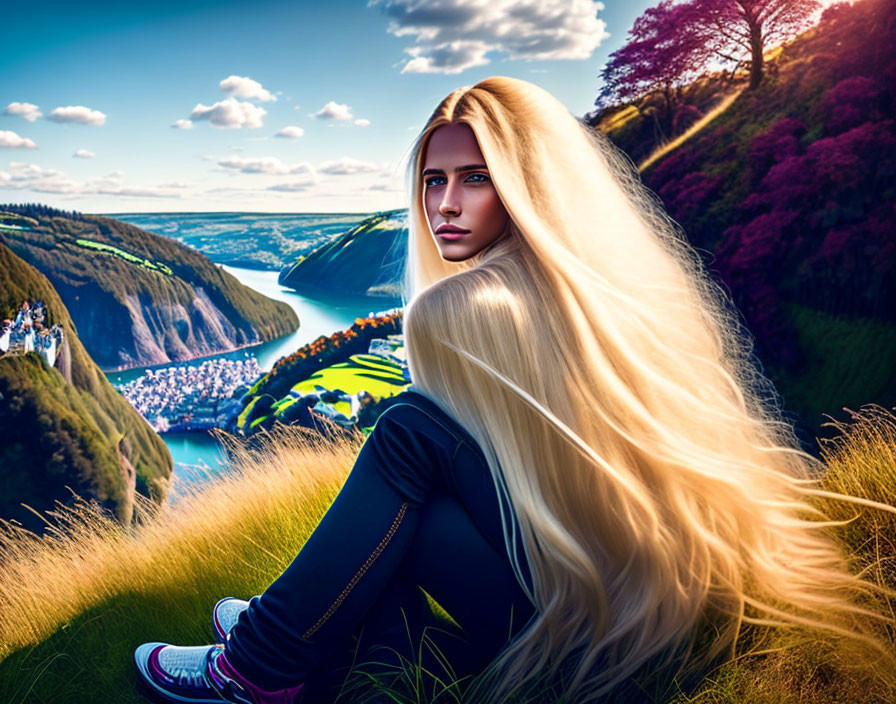 Blonde person on grassy hill overlooking river valley and town