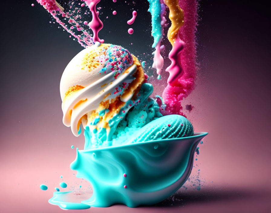 Colorful Ice Cream Cone with Pink and Yellow Splashes on Magenta Background