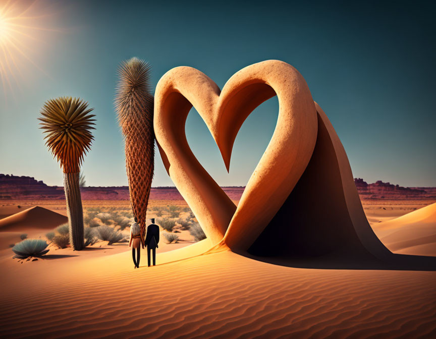 Person admiring heart-shaped sandstone in desert with surreal cacti under blue sky