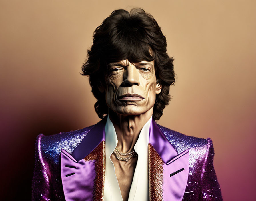 Detailed realistic illustration: man in shiny purple jacket with sparkle-adorned shirt, soft-tone backdrop