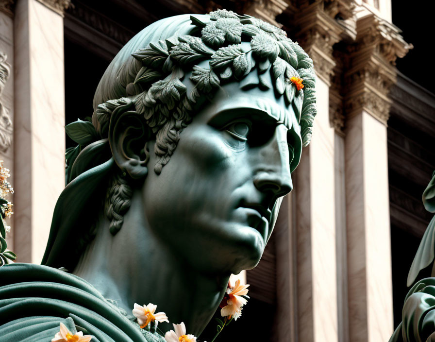 Greenish statue with laurel wreath and flowers against blurred building.