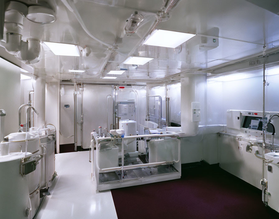 Hospital room with medical equipment and stainless steel sinks