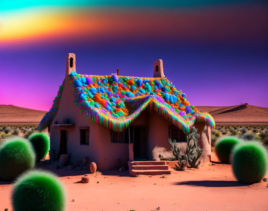 Vibrantly colored roof adobe house in desert landscape