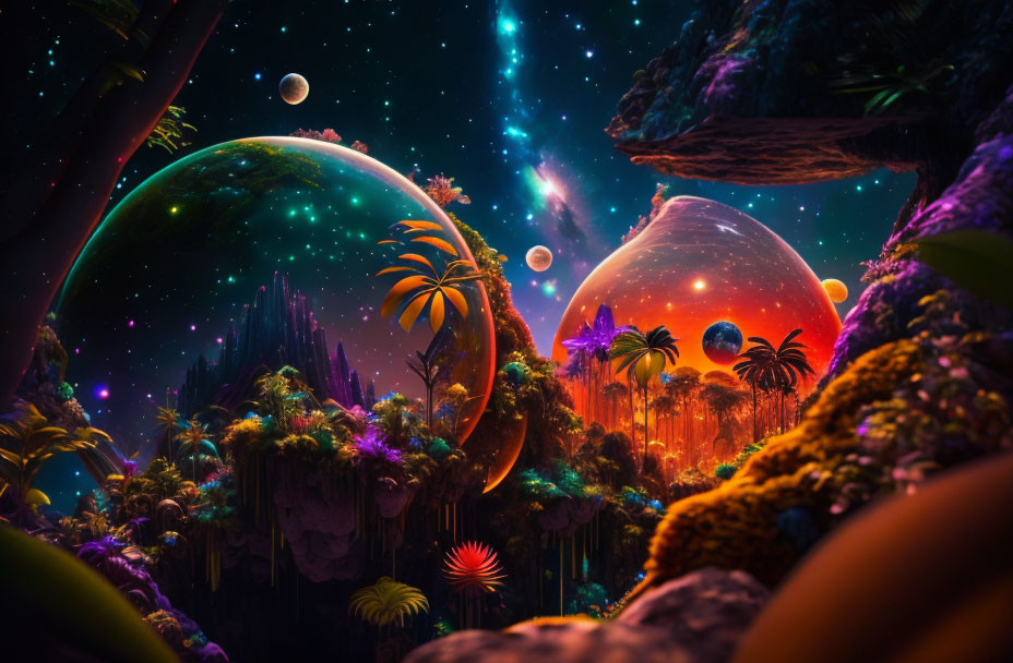 Exotic alien landscape with floating islands and celestial bodies