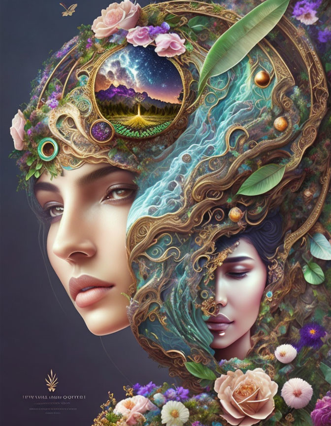 Surreal digital art: Women's faces with cosmic, floral, and ornate elements