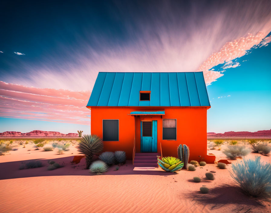 Orange House with Blue Roof in Desert Sunset Sky