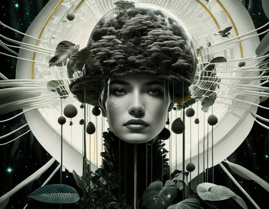 Surreal portrait of woman with dome helmet and miniature forest in abstract setting