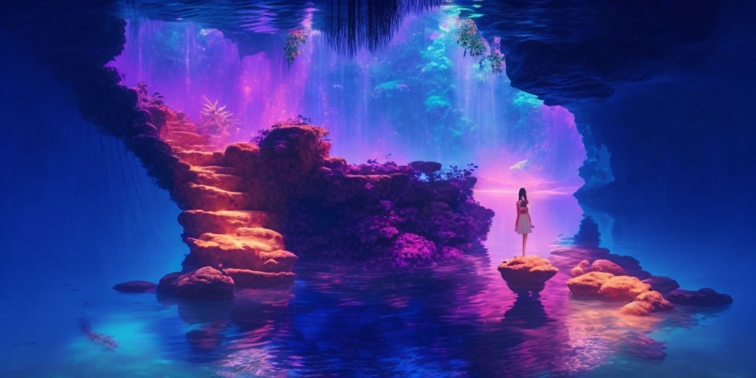 Person in Neon-lit Cave with Waterfalls & Underwater Flora