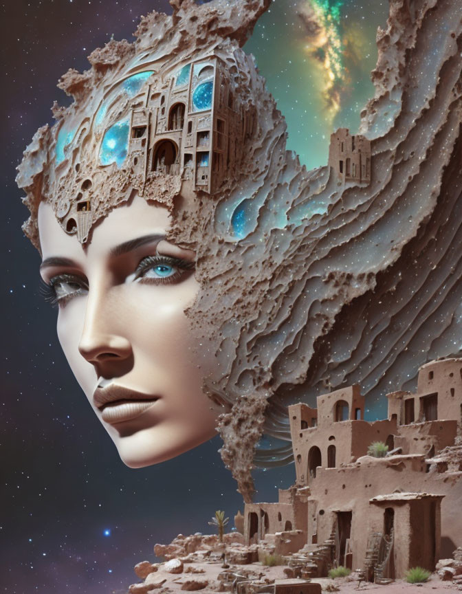 Digital artwork: Woman's face merges with surreal landscape of ancient ruins on floating celestial rock under starry