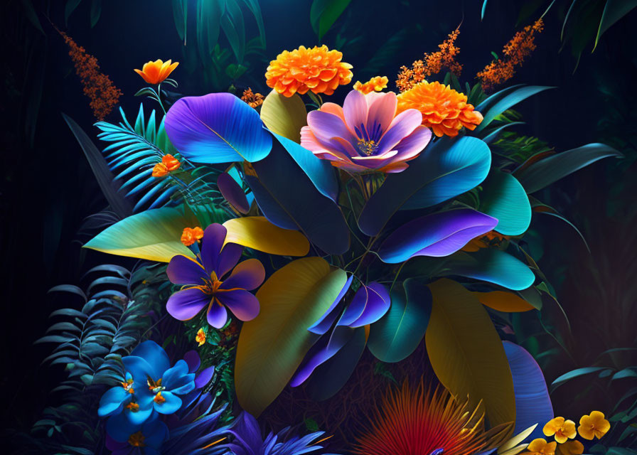 Colorful Exotic Floral Arrangement on Dark Background