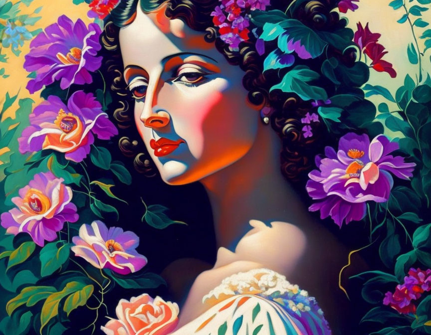 Vibrant portrait of a woman with stylized features and flowers