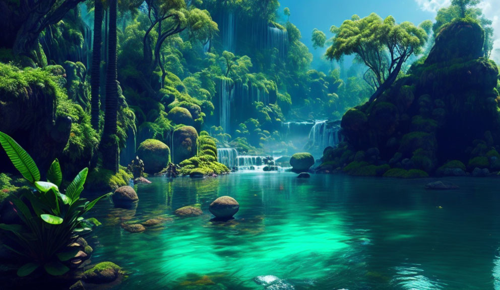 Tranquil tropical landscape with waterfalls, turquoise river, lush greenery