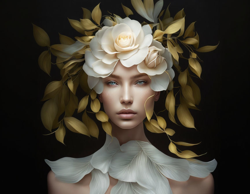 Woman with pale complexion in white rose headpiece and gold leaves, wearing petal-like collar