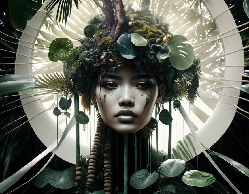 Surreal portrait: Woman with tropical foliage headdress on botanical backdrop