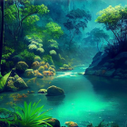 Tranquil tropical landscape with waterfalls, turquoise river, lush greenery