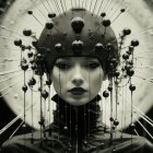 Surreal portrait of woman with dome helmet and miniature forest in abstract setting