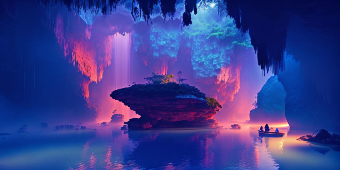 Ethereal cave with central island rock formation and figures in a boat