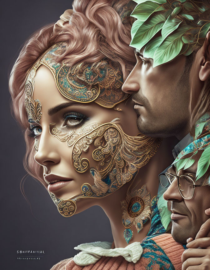 Digitally-created image of couple with ornate face designs, woman in pastel colors, man with