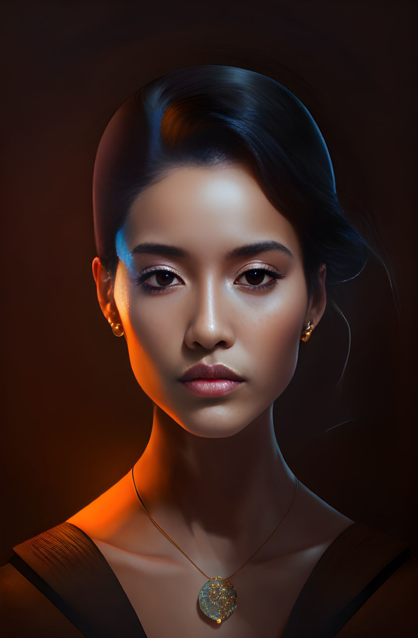 Portrait of woman with solemn expression and warm lighting, wearing earrings and necklace