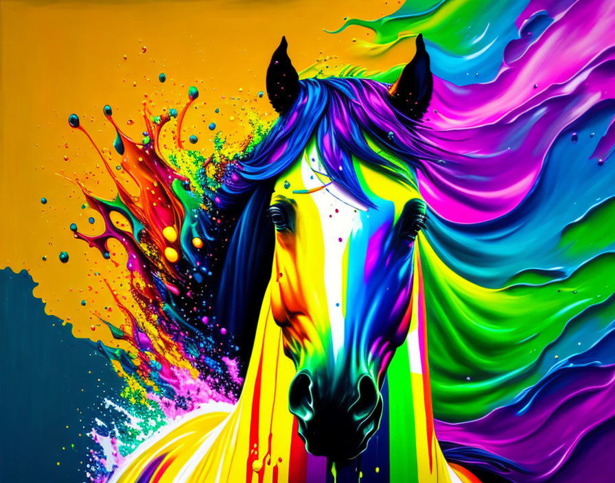 Colorful horse artwork with multicolored mane on yellow backdrop