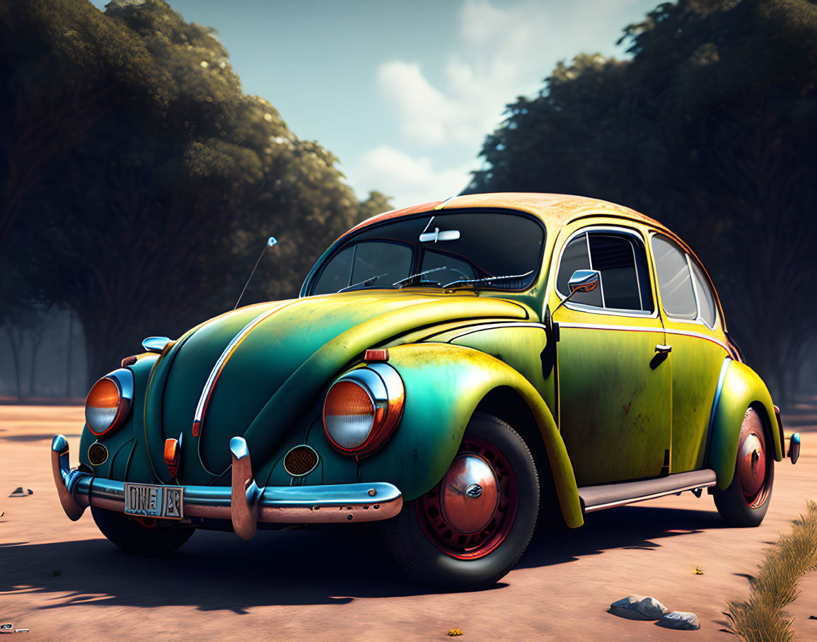 Vintage Green Volkswagen Beetle Parked on Sunny Road