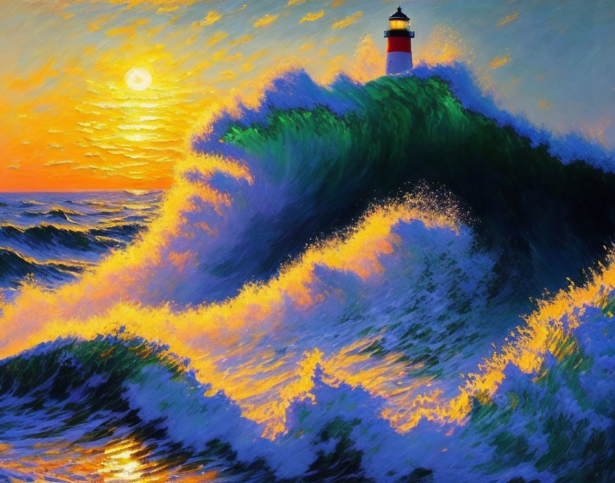 Colorful painting: large wave, sunset backdrop, cresting wave with lighthouse emitting light