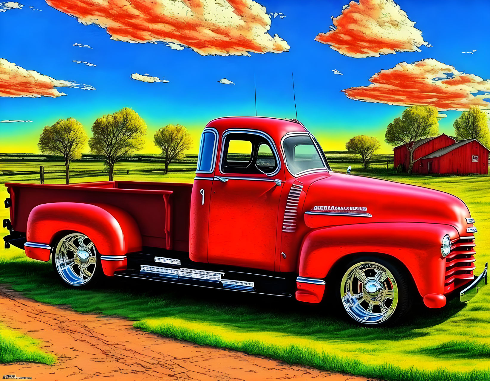 Colorful Illustration of Red Pickup Truck on Countryside Road