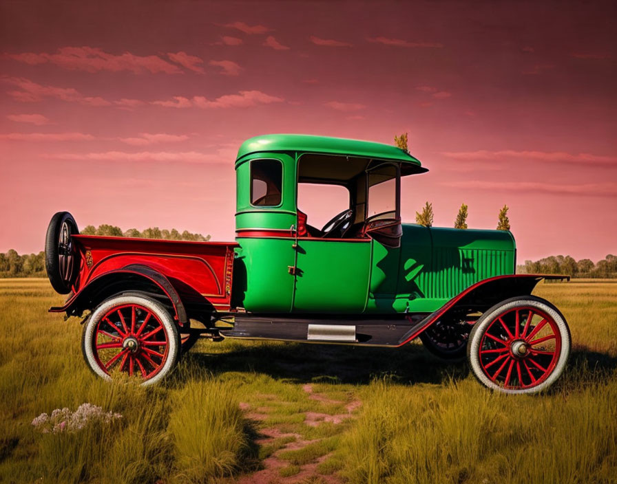 Vintage Green and Red Truck in Grassy Field with Trail and Trees under Dusky Sky