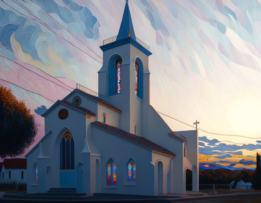 White church with blue roof and stained glass windows in serene sunset setting