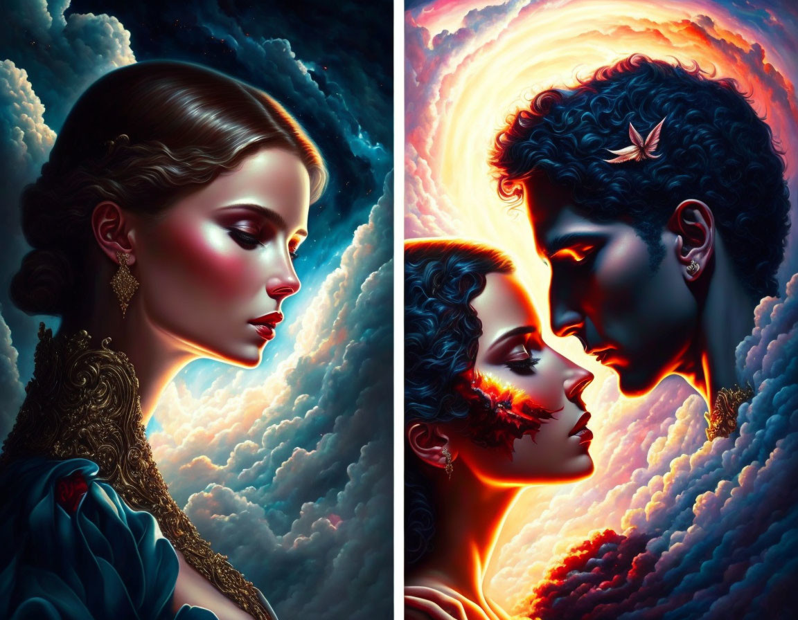 Stylized portraits of man and woman in profile against vibrant sunset backdrop