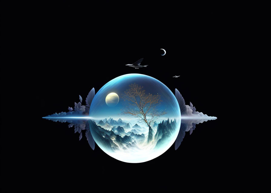 Surreal circular landscape with mountains, tree, birds, clouds, and celestial bodies.