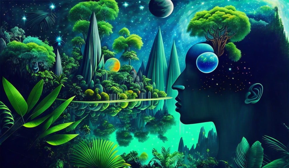 Digital Artwork: Human Face Profile merged with Cosmic Jungle Scene